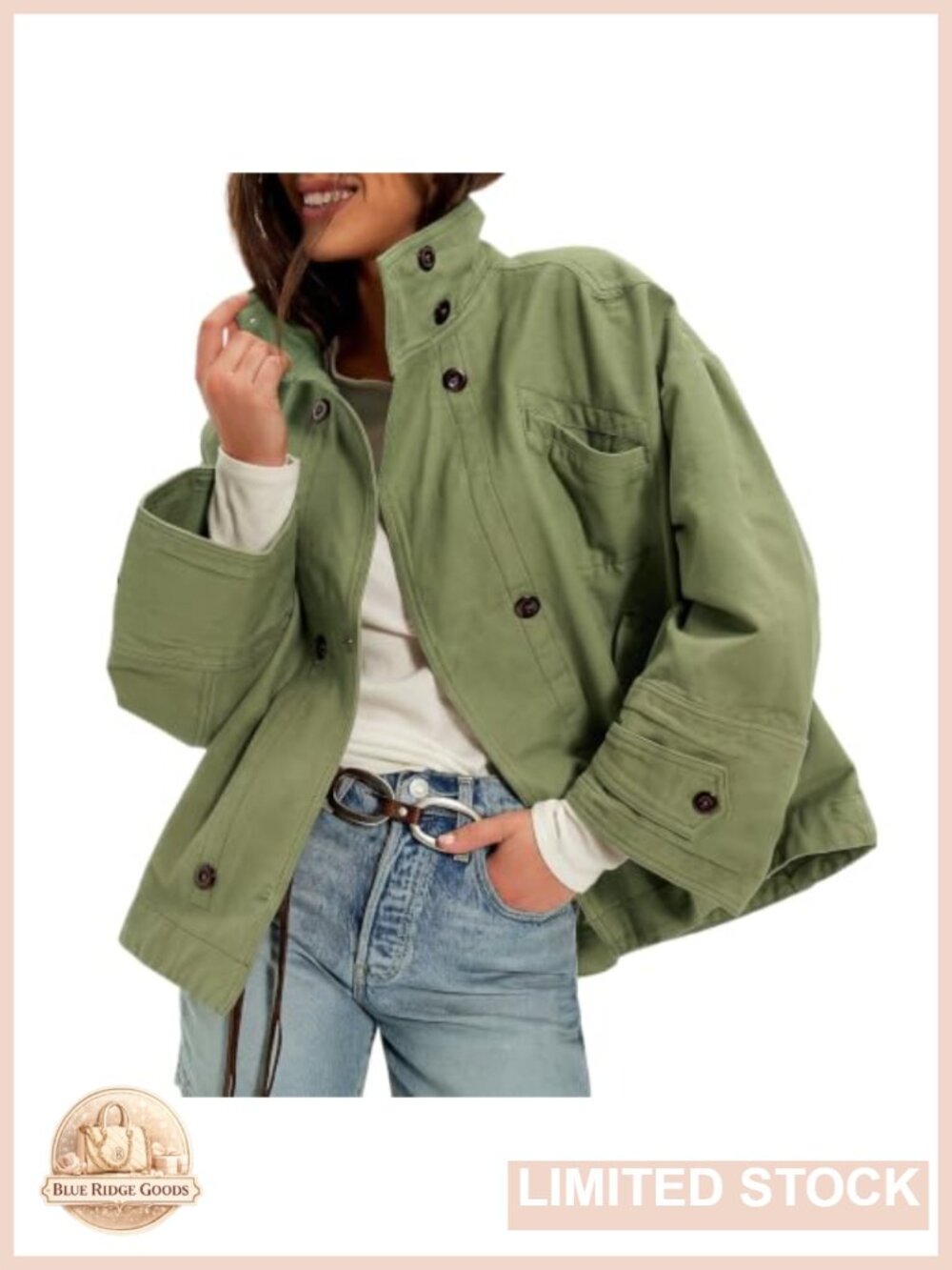 Washed Canvas Bomber Jacket Oversized Cotton Funnel Collar Cargo Pocket Casual